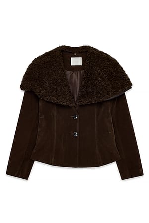 Brown Shearling Collar Faux Suede Jacket
