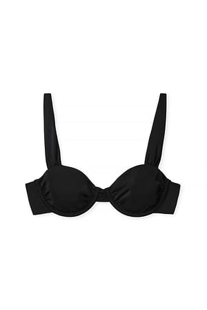 Jet Black Shiny Wide Strap Draped Bikini Bra