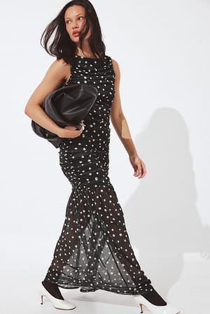 Black/White dots ärmelloses drapiertes Midikleid