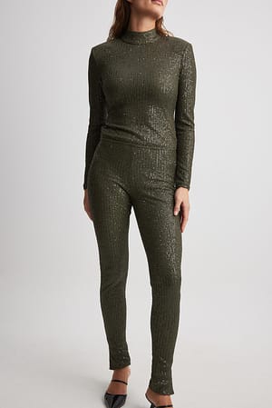 Olive Green Leggings med slids og pailletter