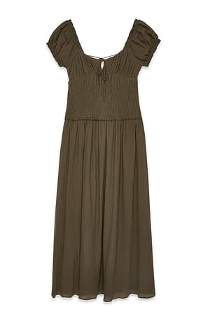 Khaki Smocked Short Sleeve Maxi Dress