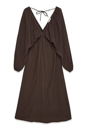 Brown Soft Cotton V Neck Midi Dress