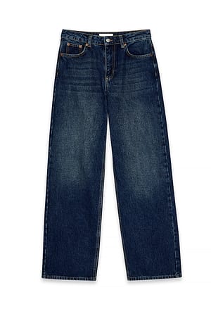Dark Blue Straight Mid Waist Jeans