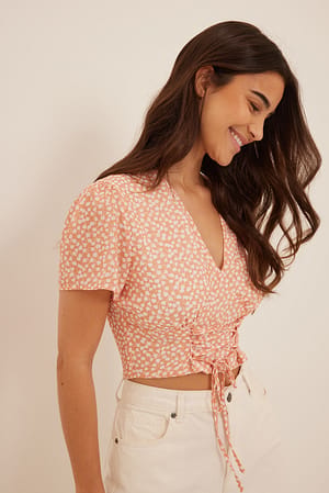 Orange flower Strap Detail Short Sleeve Top