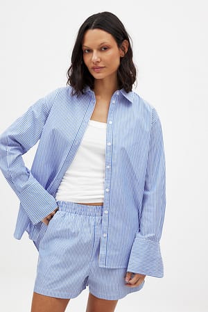 Blue/White Striped Elastic Waist Cotton Shorts