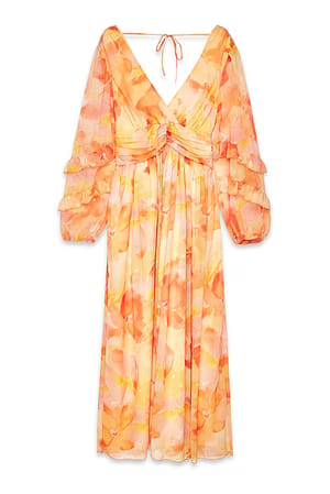 Orange Print Structured Chiffon Wide Sleeve Maxi Dress