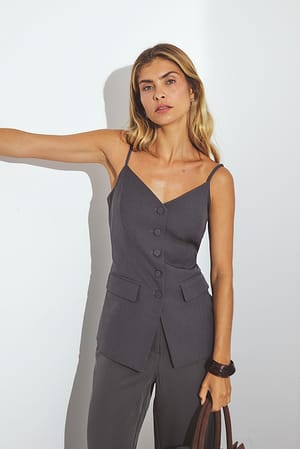 Grey Tailored Button Front Strap Top