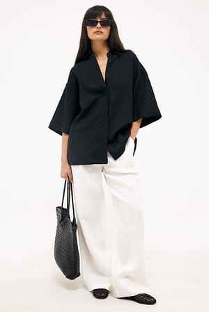 White Pantalon large ajusté en lin