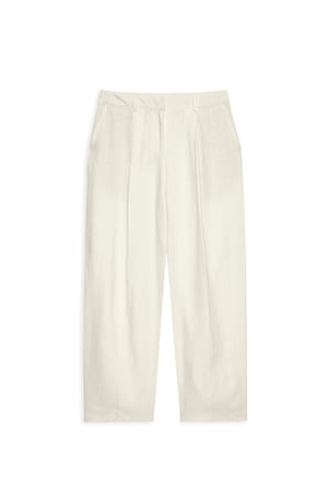 Beige Tapered Linen Mid Waist Trousers