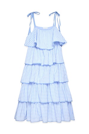 Blue/Print Tie Shoulder Flounce Detail Midi Dress