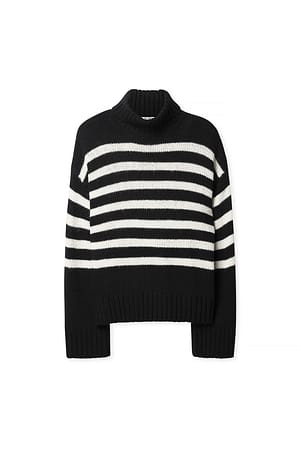 Black/White Stripe Stickad randig tröja med turtleneck