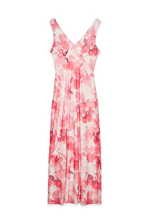 Pink Print V-Neck Maxi Mesh Dress