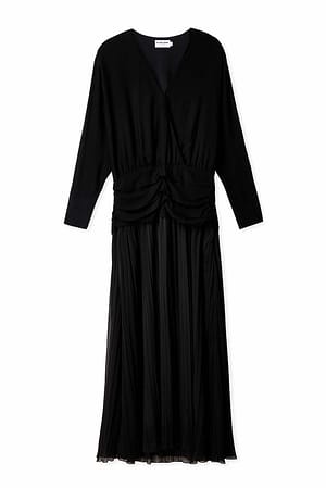 Black V-neck Combined Fabric Dress