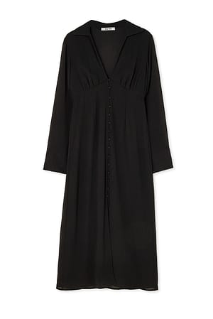 Black V-Neck Front Buttoned Midi Dress