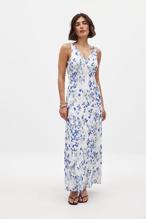 Blue Flower Print Maxikleid aus Mesh mit V-Ausschnitt