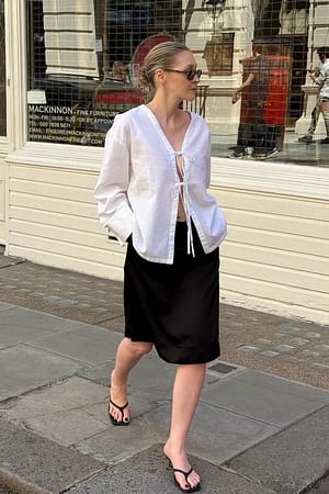 Off White Tie Detail Linen Blend Blouse