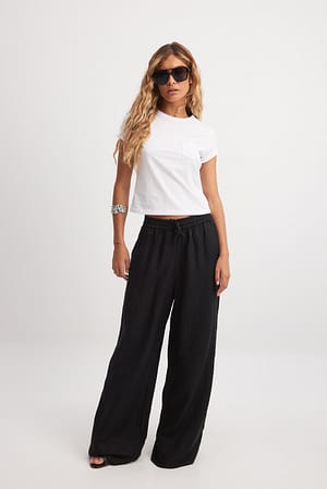 Black Pantalon large à taille mi-haute en viscose mélangée