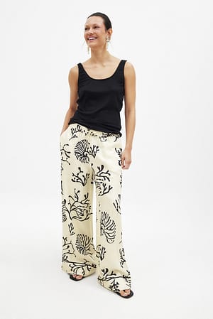 Black/White Print Viscose Wide Mid Waist Trousers