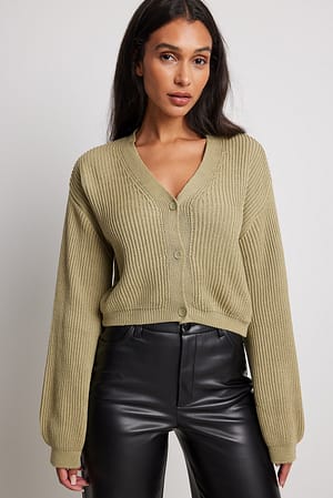 Khaki Volume Sleeve Buttoned Cardigan