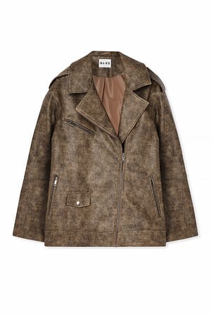 Brown Washed Out Pu Biker Jacket