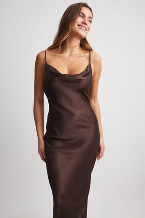 Brown Waterfall Midi Slip Dress