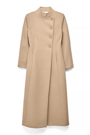 Beige Wool Blend High Neck Maxi Coat