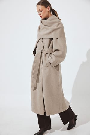 Beige Wool Blend Scarf Detail Coat