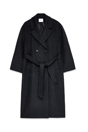 Dark Grey Wool Blend Scarf Detail Coat