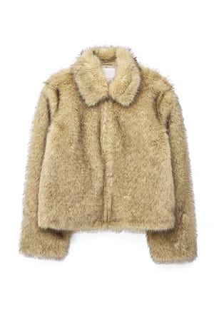 Beige Melange Zip Detail Faux Fur Jacket