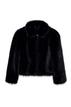 Black Zip Detail Faux Fur Jacket