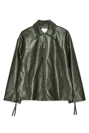 Dark Green Jacka i fuskläder med dragkedjedetalj