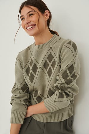 Olive Gebreide sweater met Argyle geruit patroon
