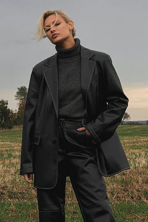 Black Oversized PU-Blazer mit Kontrastnähten