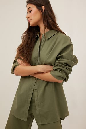 Khaki Green Oversize-Hemd aus Leinenmischung