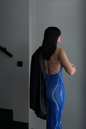 Swirl Blue Print Maxi-jurk met vetersluiting op de rug