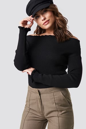 Black Knitted Frill Off Shoulder Sweater