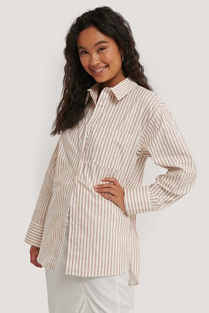 White/Beige Stripe Übergroßes Baumwollhemd Mit Tasche