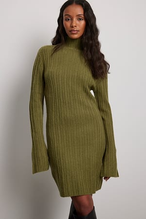 Khaki Green Ribgebreide mini-jurk