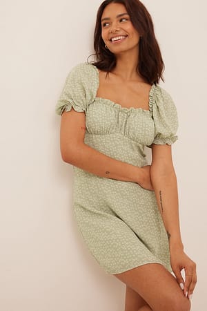 Green Flower Print Mini-jurk met geplooide borst