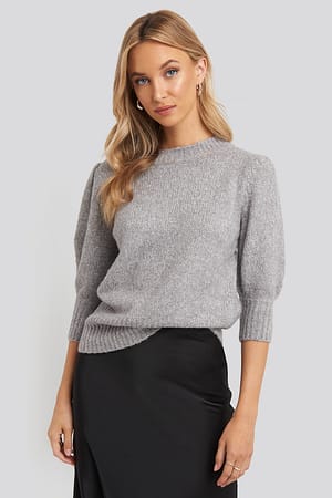 Light Grey Melange Short Puff Sleeve Knitted Sweater