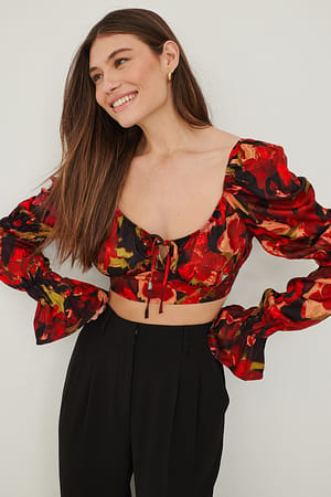 Red Wildflower Floral Tie Front Puff Sleeve Satin Blouse