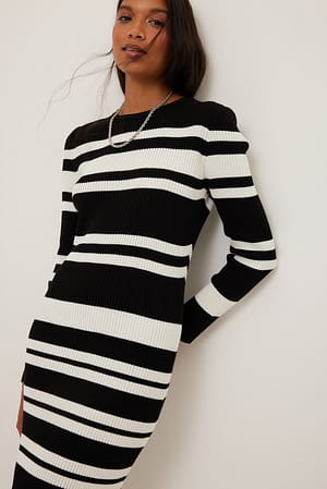 Black/White Ribgebreide gestreepte jurk