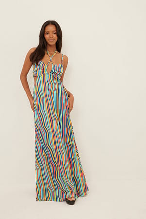 Swirl Print Strap Detail Slit Maxi Dress