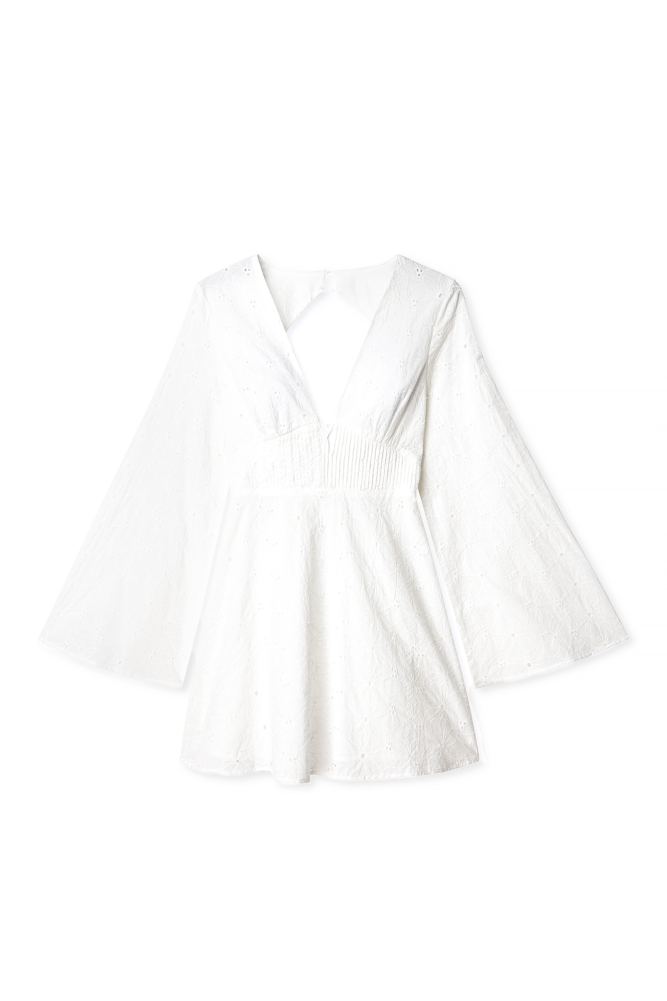 White Anglaise Trumpet Sleeve Mini Dress