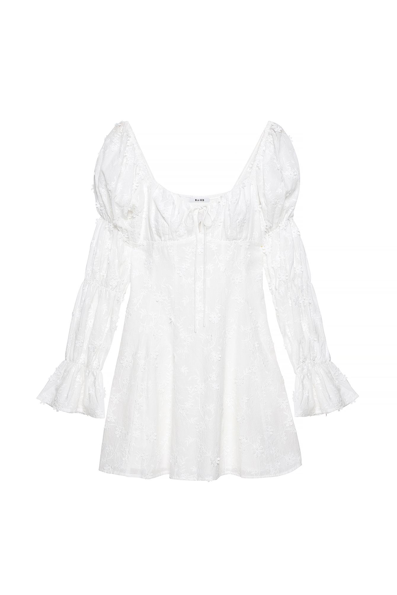 White Embroidered Ruched Sleeve Mini Dress