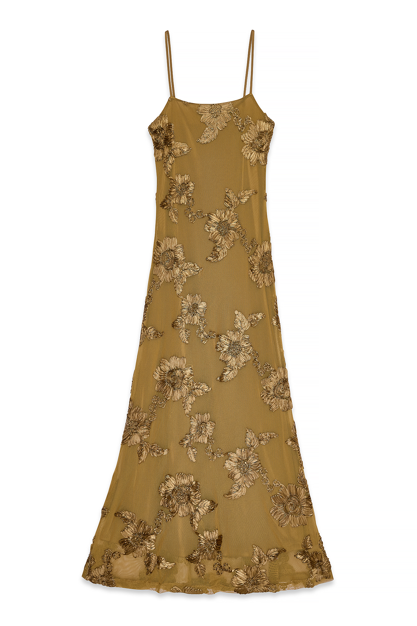 Light Khaki Flower Mesh Maxi Dress