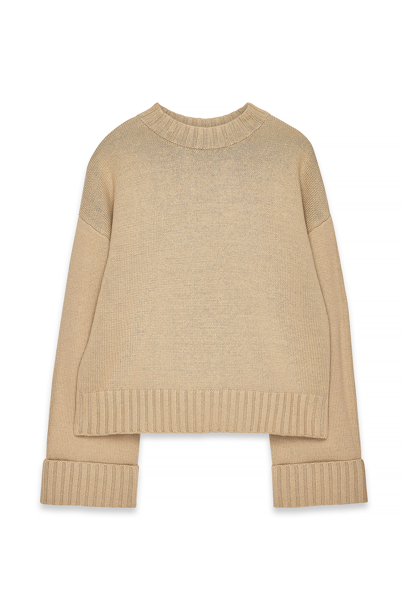 Beige Folded Sleeve Knitted Sweater