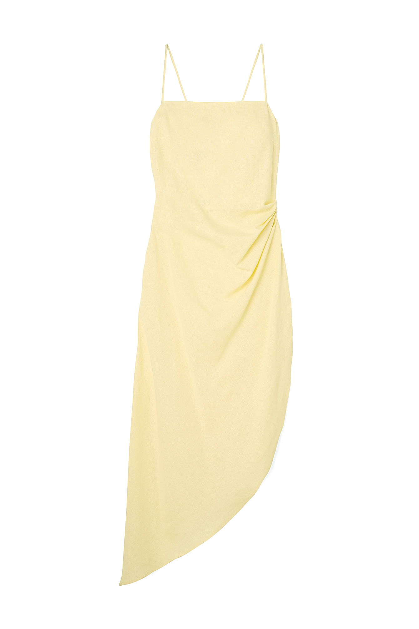 Yellow Linen Blend Asymmetric Open Back Midi Dress