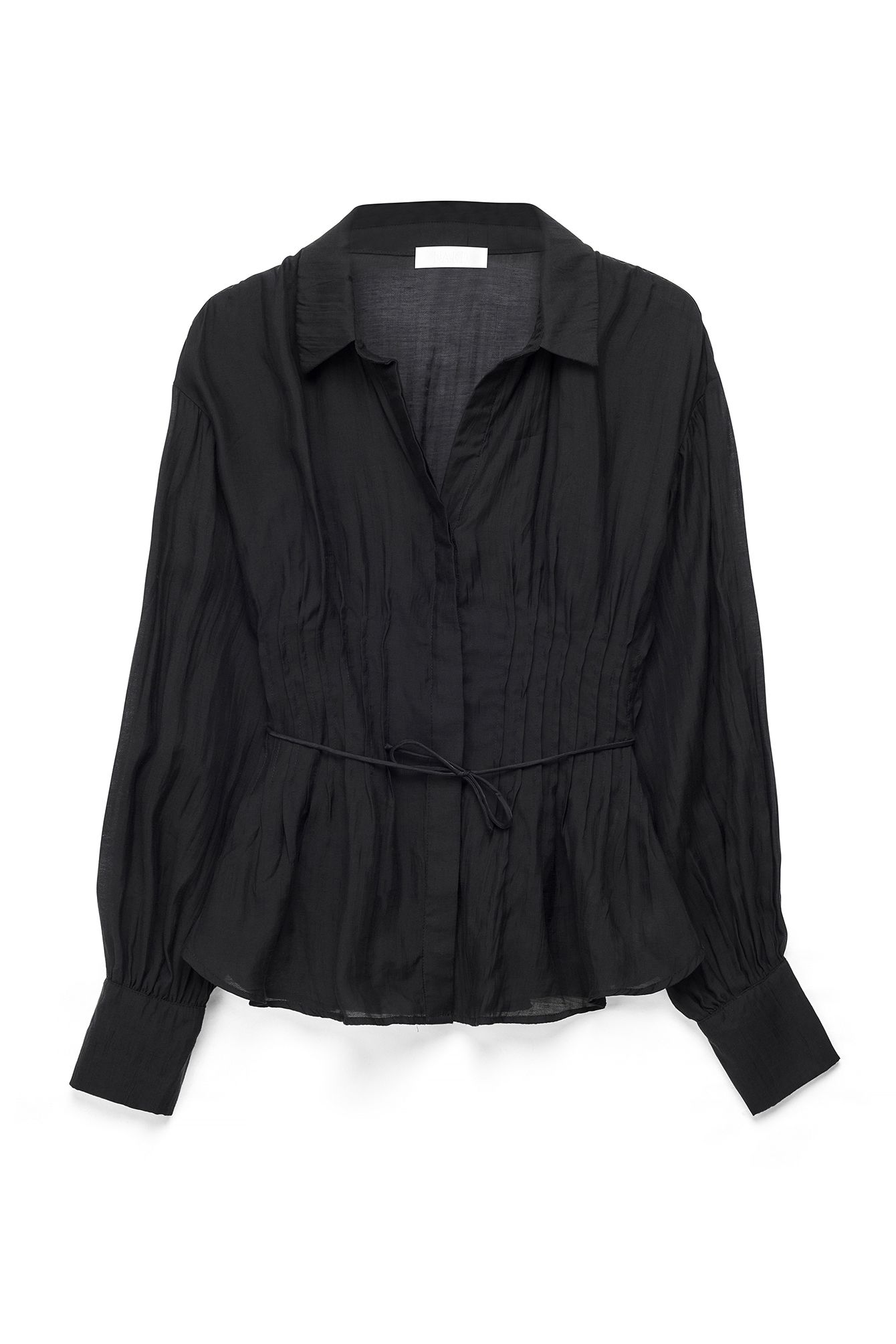Black Lyocell Sheer Pintuck Long Sleeve Blouse