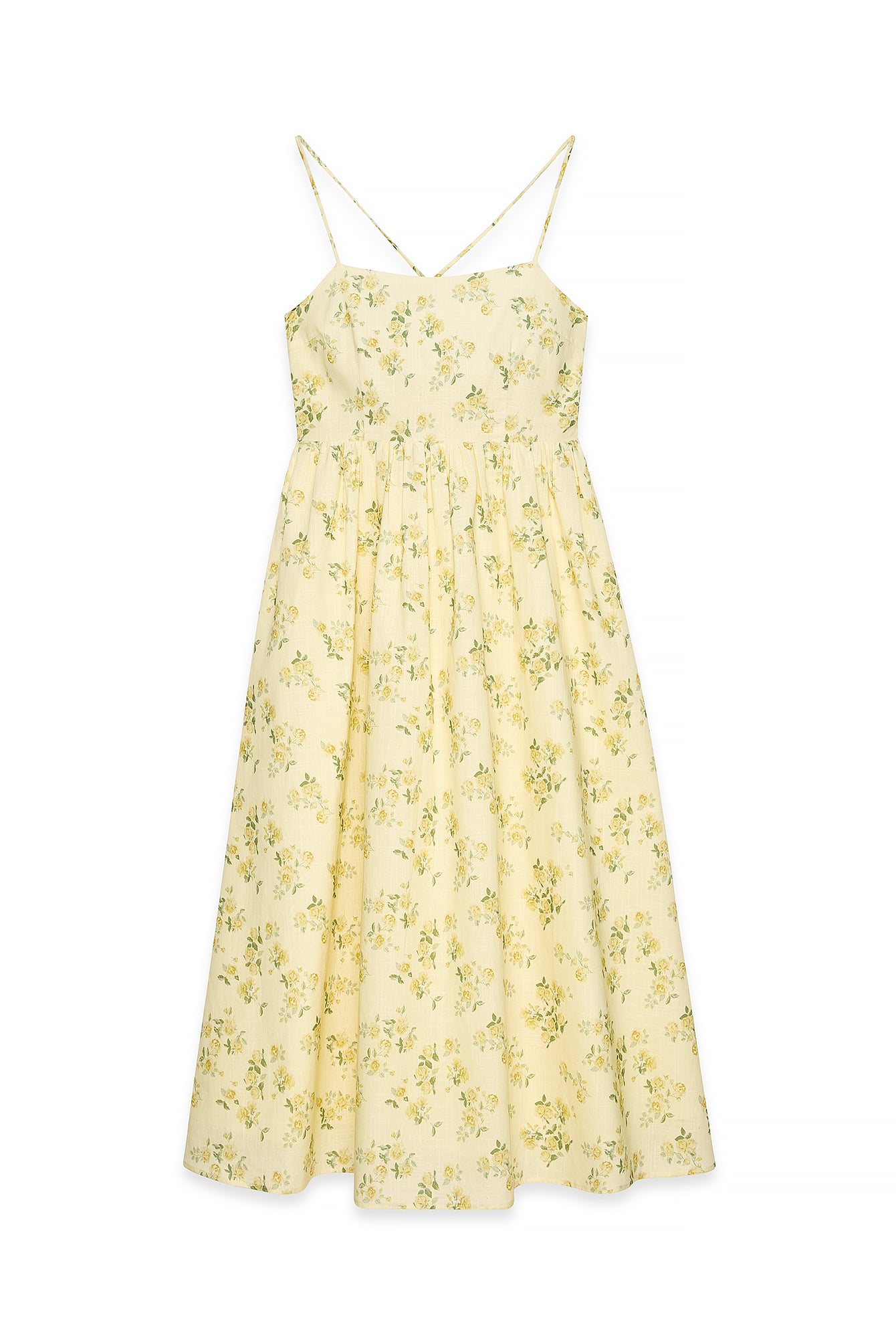 Yellow Flower Open Back Tie Detail Midi Dress